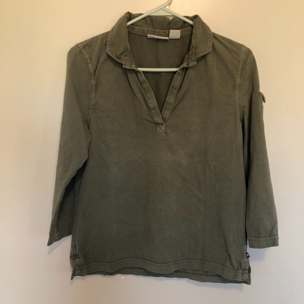Polo Jeans Vintage Army Green V Neck Cotton Shirt Top Size Large